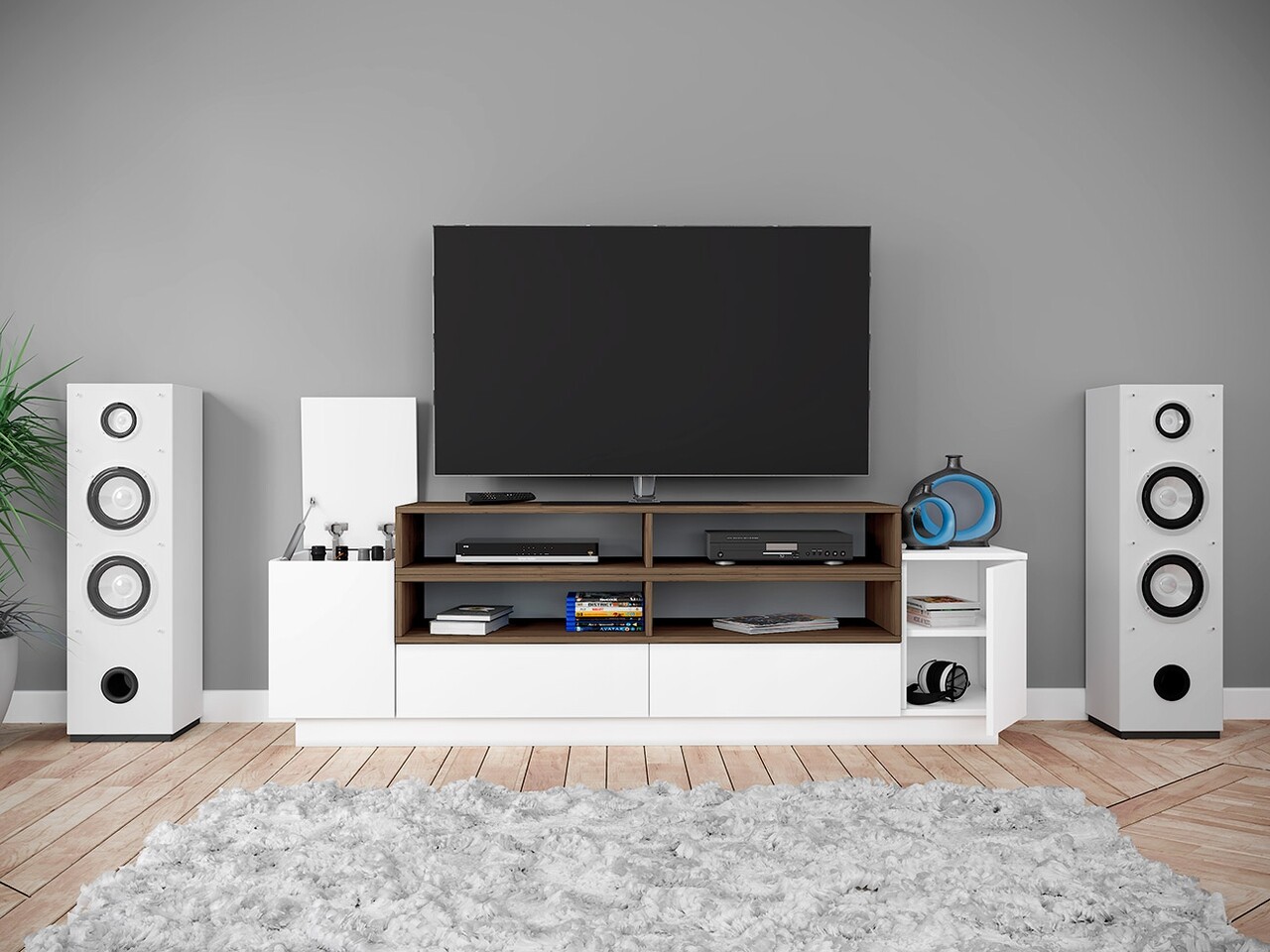 TV szekrény, Bedora, City 6225, 190 x 40,5 x 59 cm, PAL, fehér / barna