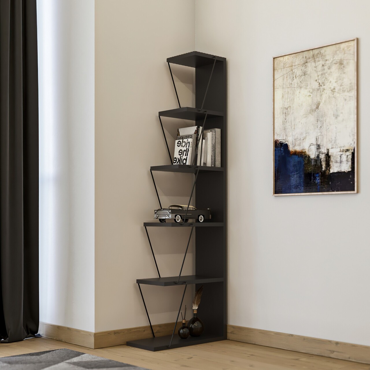Tlos Könyvespolc, Kalune Design, 50x22x150 cm, antracit/fekete