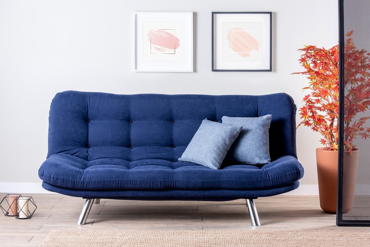 Misa Sofabed, Futon Kihúzható kanapé, 3 személyes, 198x128 cm, fém, tengerkék