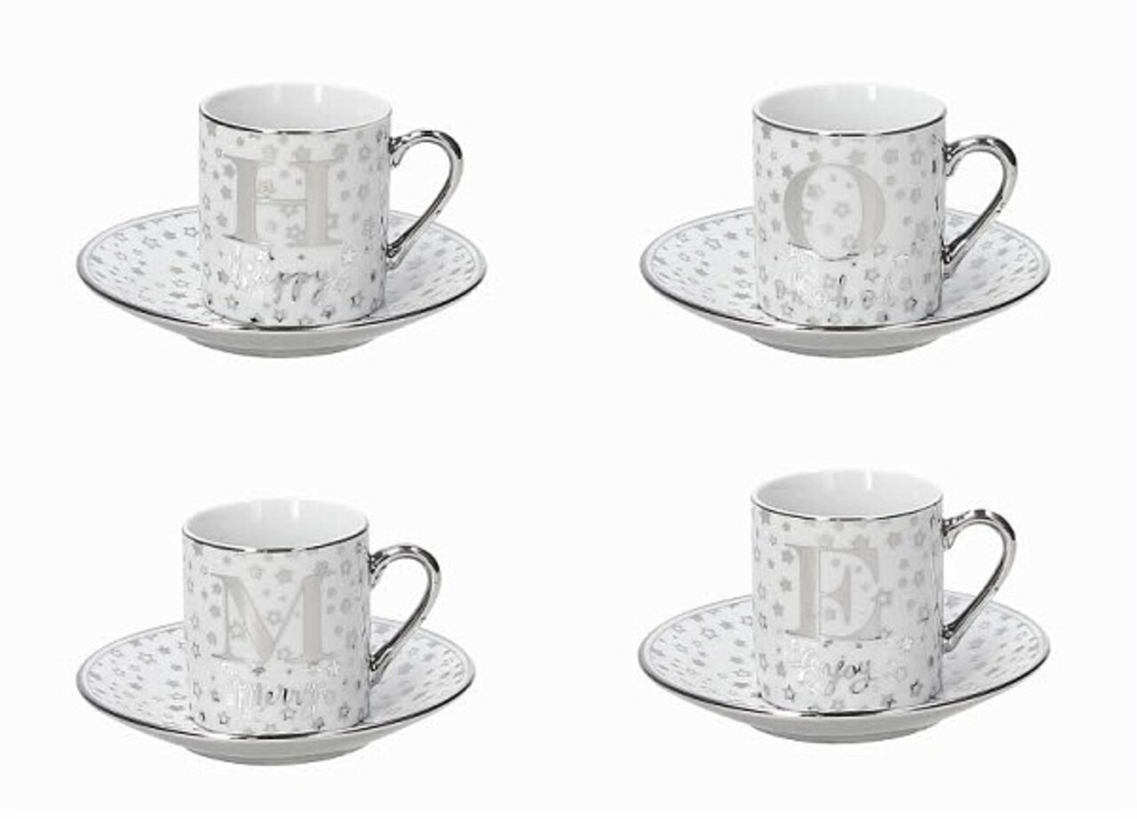 4 Db-os Csésze Szett Tányérral, Tognana, Natale Home, 70 Ml, Porcelán, Fehér/szürke