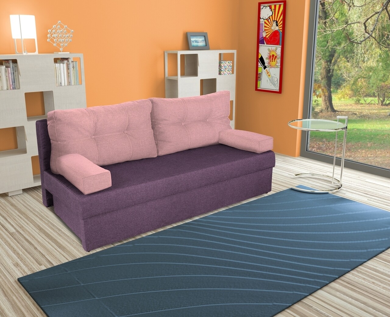 Bedora alfi kihúzható kanapé 192x80x77 cm tárolóládával, purple/pink flamingo
