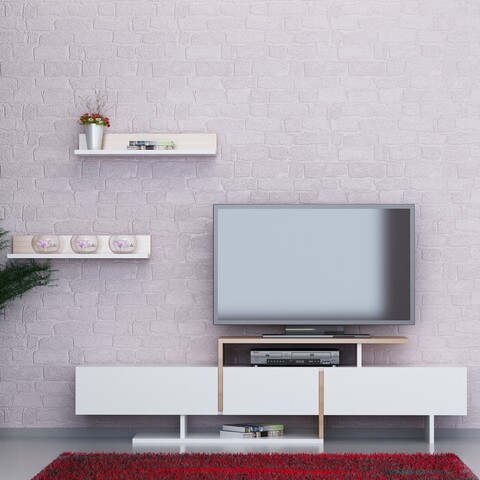 Ekol TV Komód 2 polccal, Decorotika, 164x30x40 cm, fehér/bézs