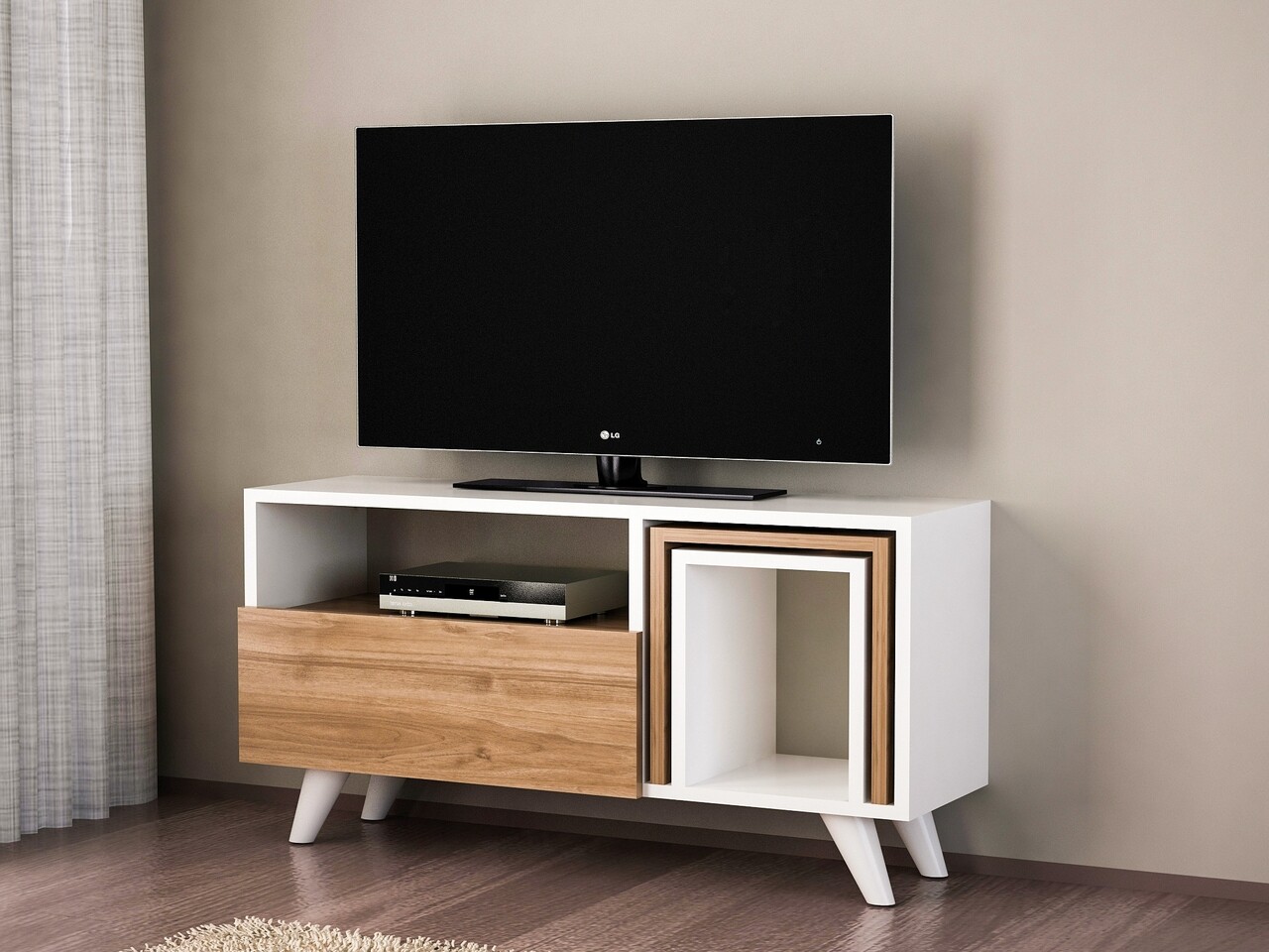 Novella k2 tv komód asztalkával, furny home, 90x29.5x51 cm, fehér/bézs