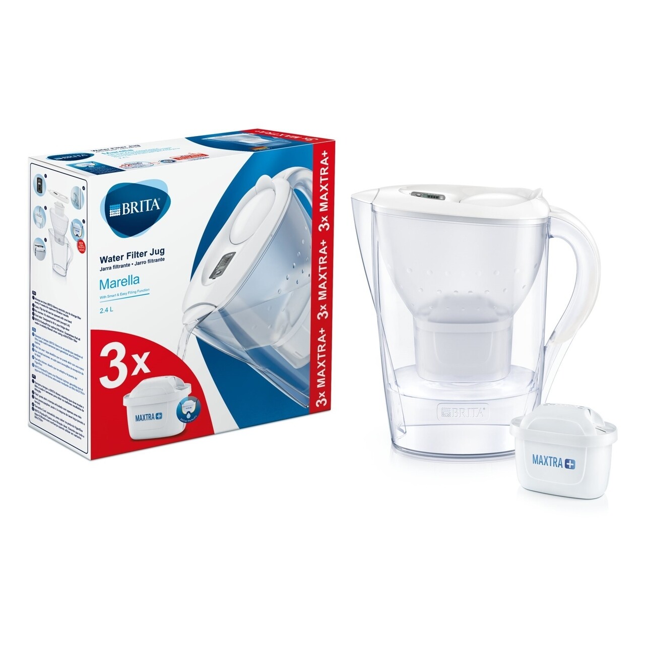 Brita szűrőpohár, Marella MAXTRA +, műanyag, 2,4 L, Starter Pack + 3 szűrő, fehér