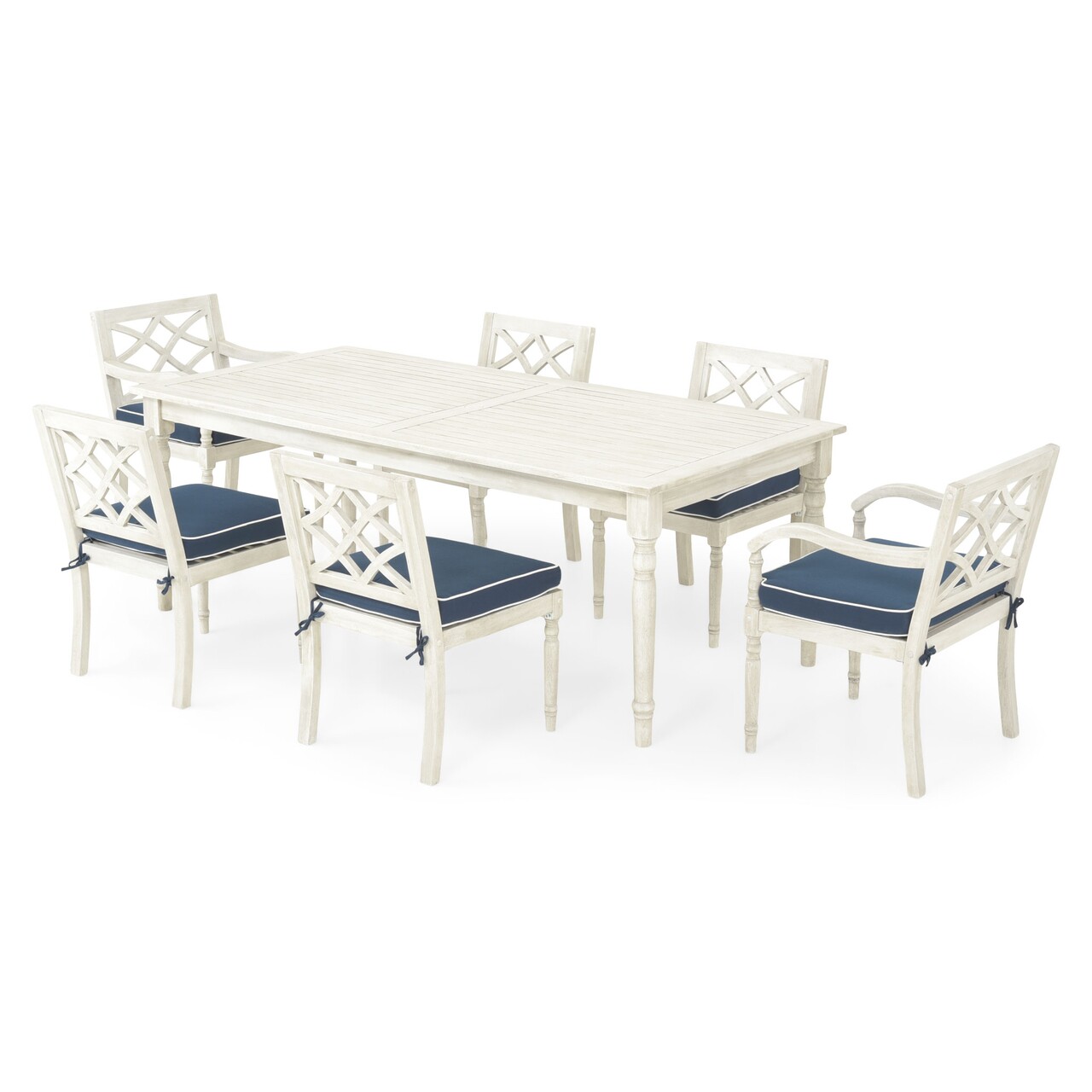 Maison marie 4 db szék kar nélkül, 2 db szék karral és asztal, lemn, fehér/kék