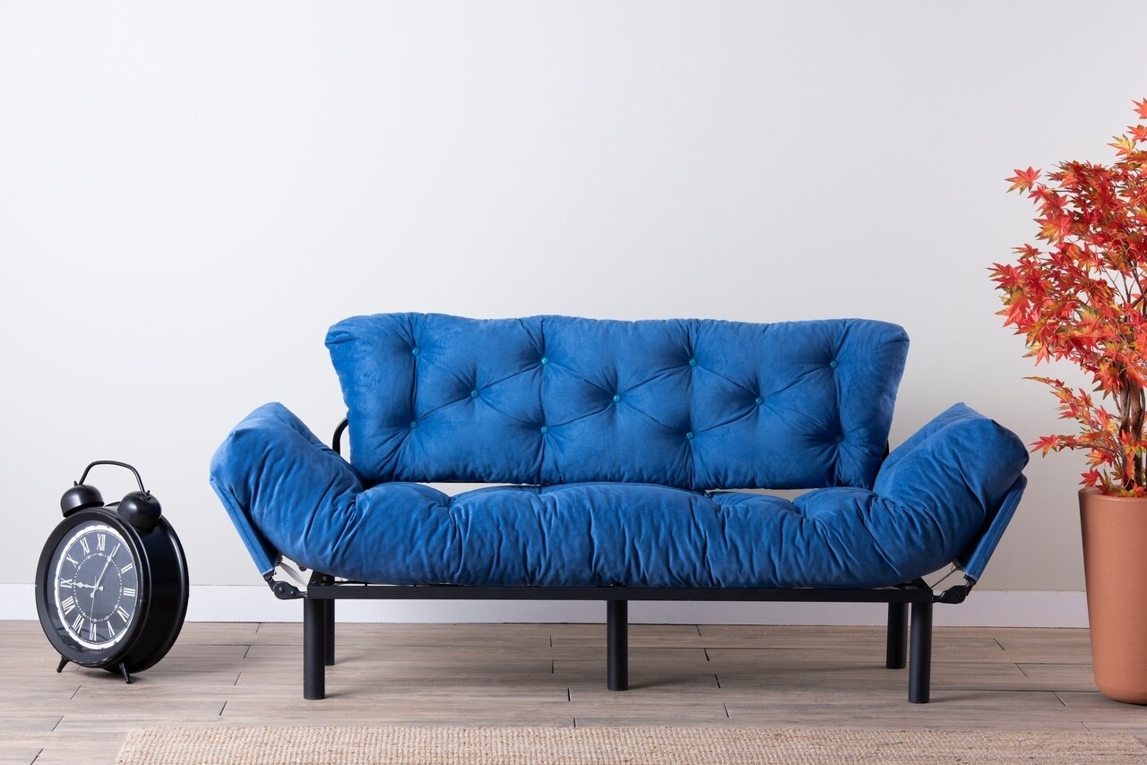 Nitta triple, futon kihúzható kanapé, 3 személyes, 225x70 cm, fém, kék