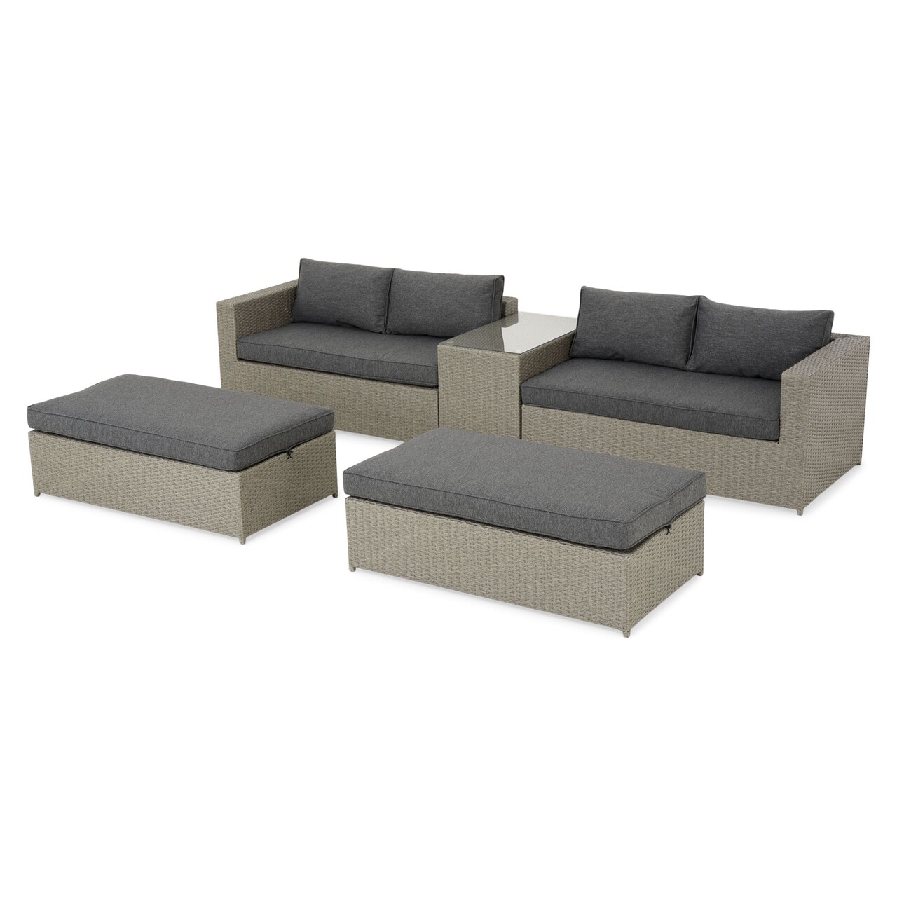 Adra 2 db Kétszemélyes kanapé, 2 zsámoly és asztalka, acél, vegyes szürke/antracit