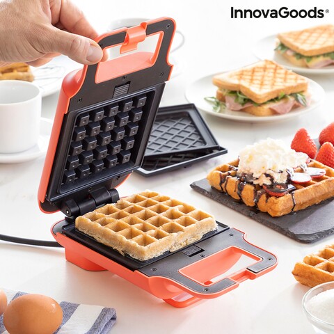Wafflicher Gofrisütő és szendvicskészítő 2 az 1-ben receptekkel, InnovaGoods, 600W, piros
