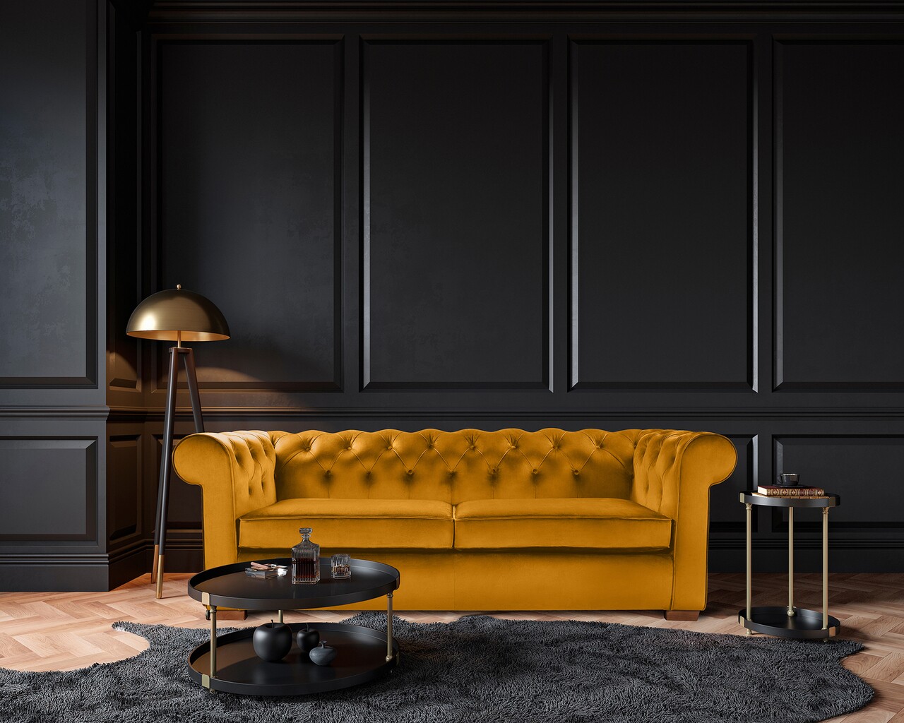 Bedora Oxford Chesterfield Kihúzható kanapé, 88x216x75 cm, 3 személyes, Mustársárga