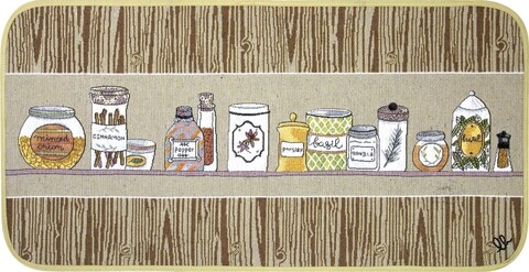 Konyhaszőnyeg, Olivo szőnyegek, szőnyegkirálynő 2, tégelyek, 55 x 270 cm, 80% pamut, 20% poliészter, többszínű