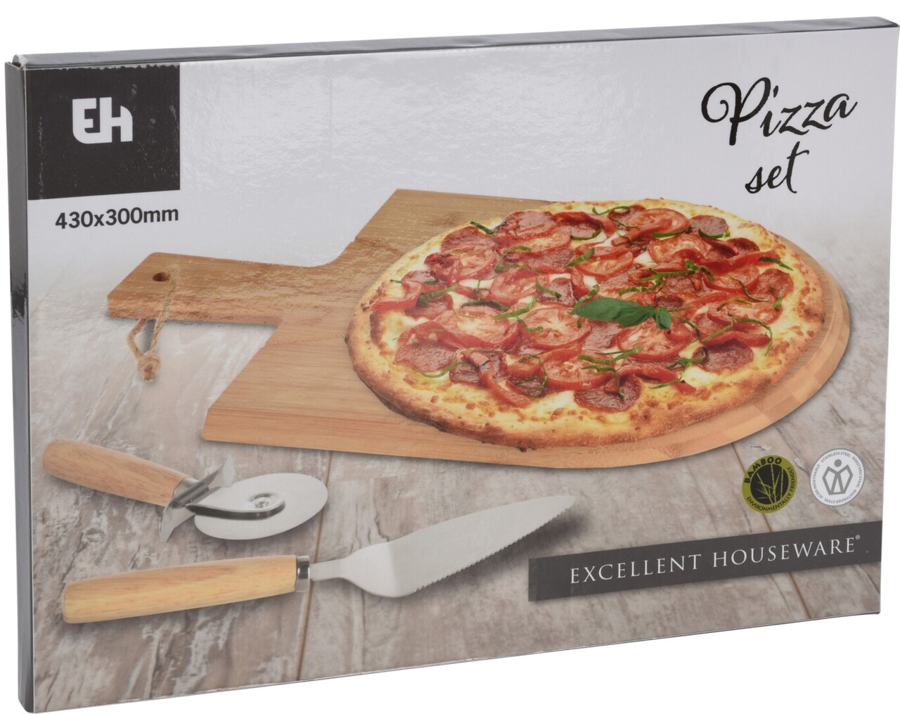 Pizza Vágódeszka és Kés 43x30x1.5 Cm, Bambusz