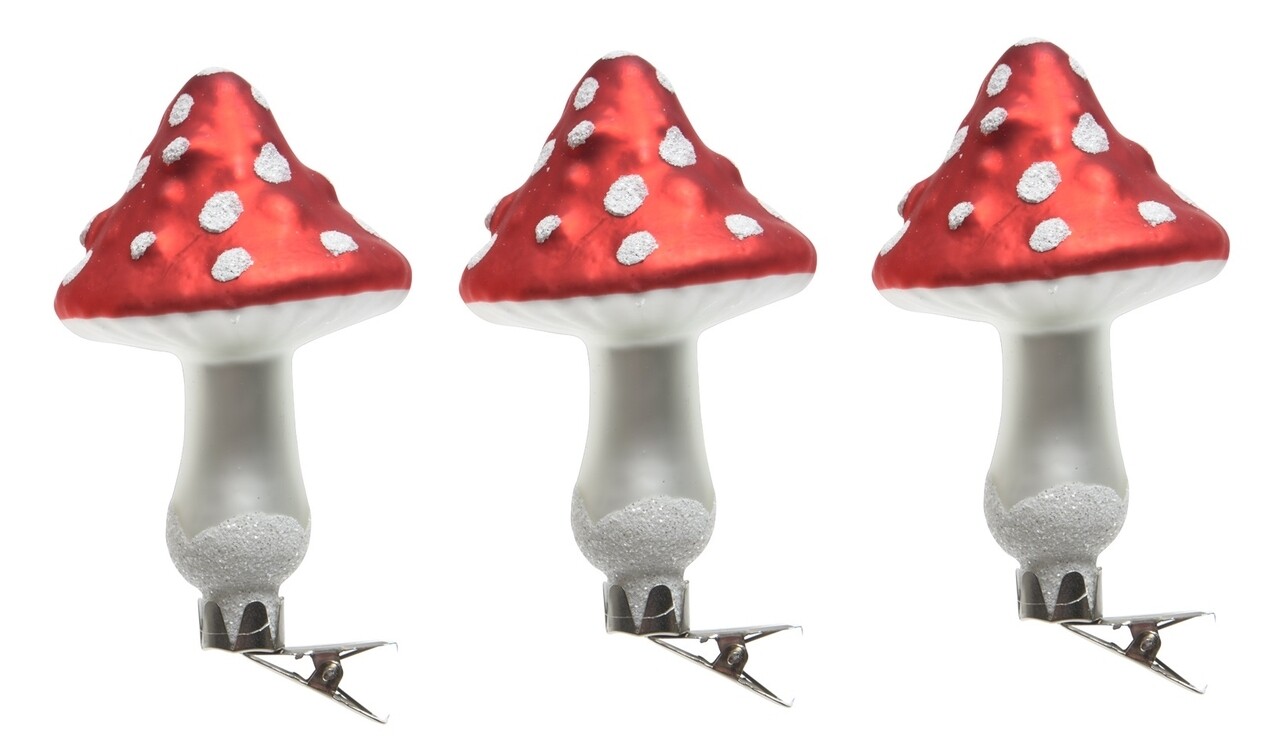 Mushroom w dot on 3 db Díszgömb, Decoris, 6.5x9 cm, üveg, piros/fehér