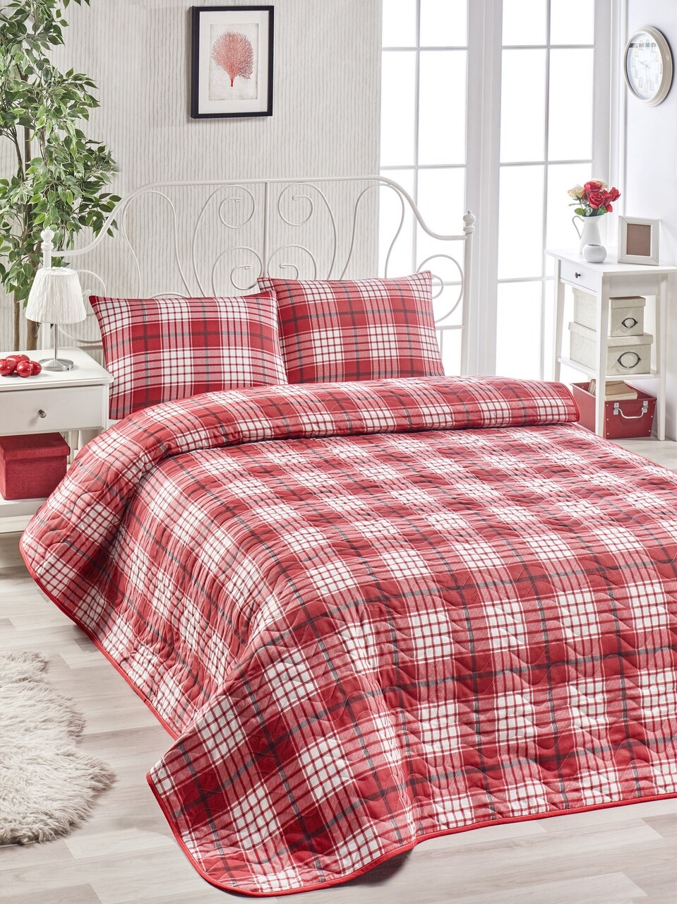 Egyszemélyes ágytakaró szett Burberry - Red, EnLora Home, 2 darab, 65% pamut és 35% poliészter, piros