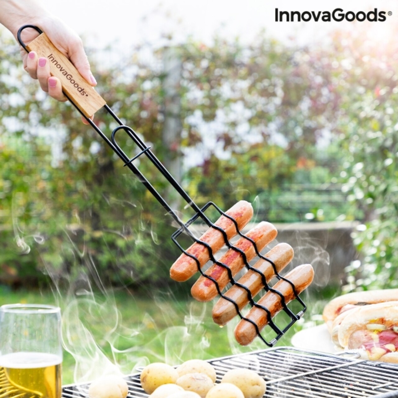 Sosket InnovaGoods Grillező kolbászokhoz, 51 cm, öntöttvas, fekete/természetes