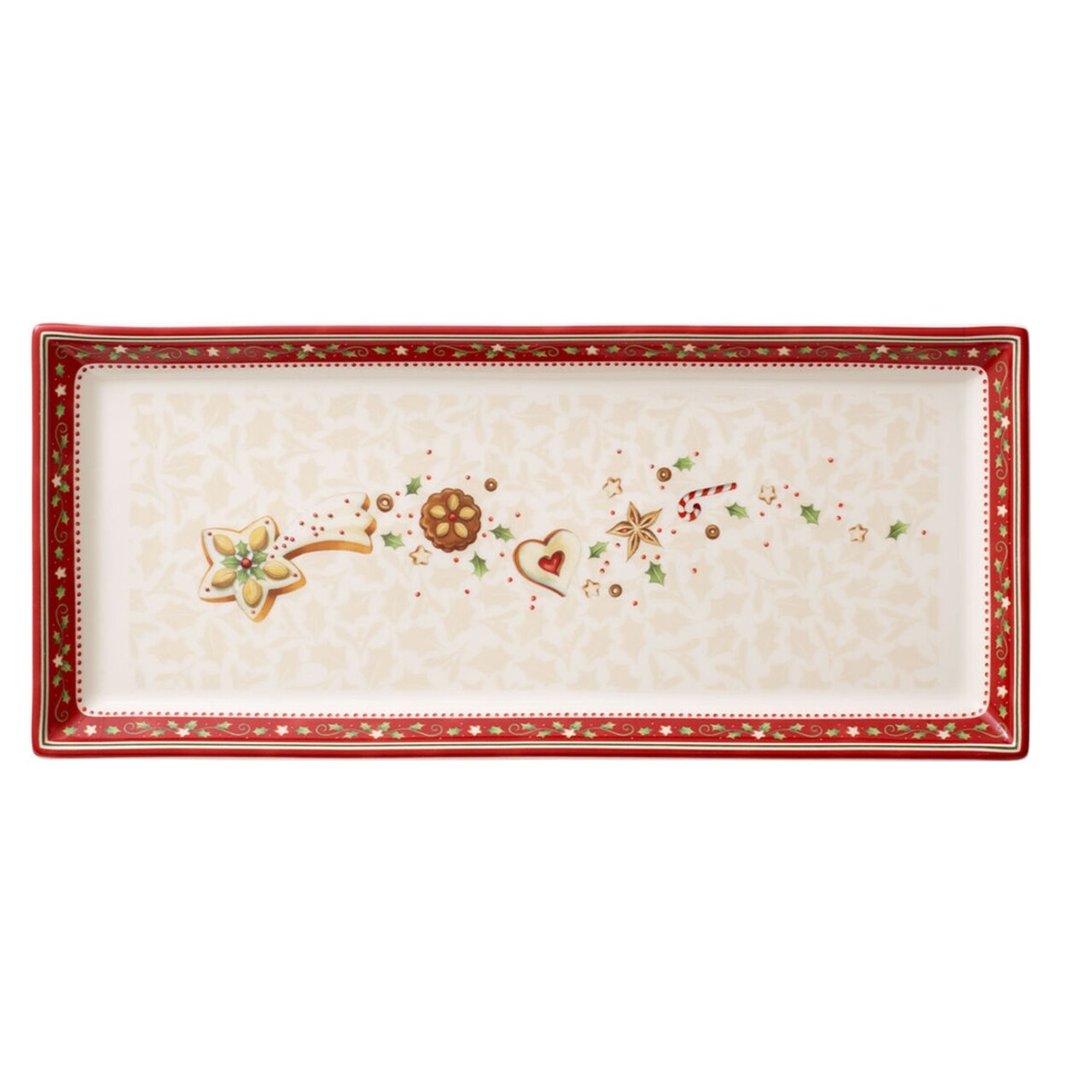 Piros-bézs porcelán szervírozó tányér karácsonyi motívummal, 39,7 x 17,3 cm - Villeroy & Boch