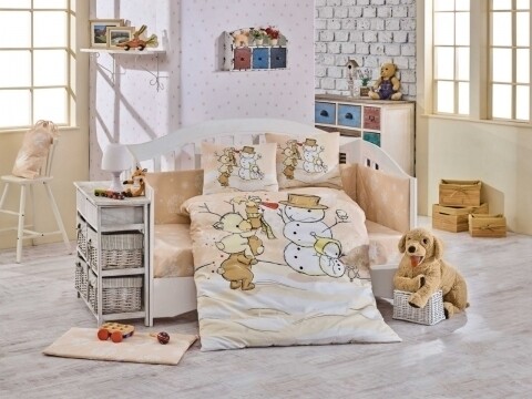 Lenjerie de pat pentru copii, 4 piese, 100% bumbac poplin, Hobby, Snowball, bej