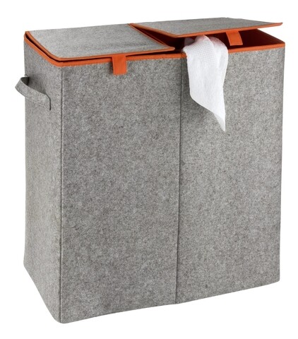 Wenko, Duo Felt Orange Szennyeskosár 2 rekeszes, 82 L, poliészter / polipropilén, szürke / narancs