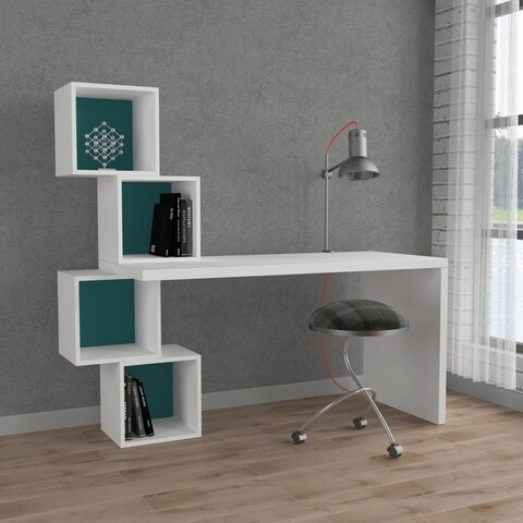 Balance Íróasztal, Decortie, 157x60x143 cm, fehér/türkiz