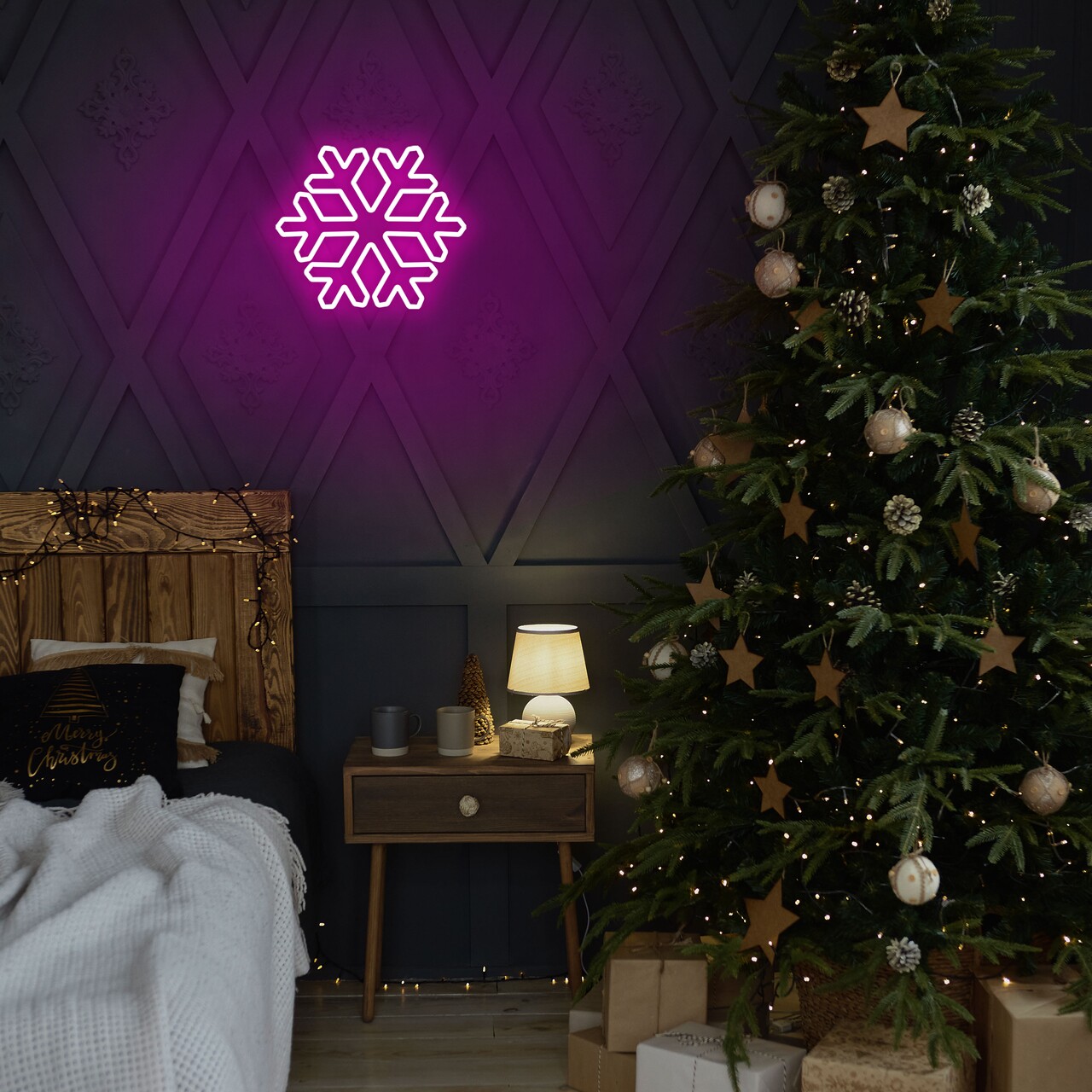 Snowflake fali lámpa, neon graph, 30x26x2 cm, rózsaszín