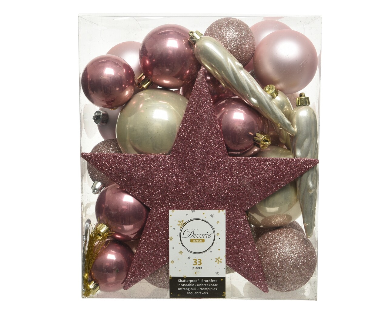 Doboz 33 válogatott gömbből és fenyő tetejéről Star Pink Champagne, Díszített, műanyag, rózsaszín / pezsgő