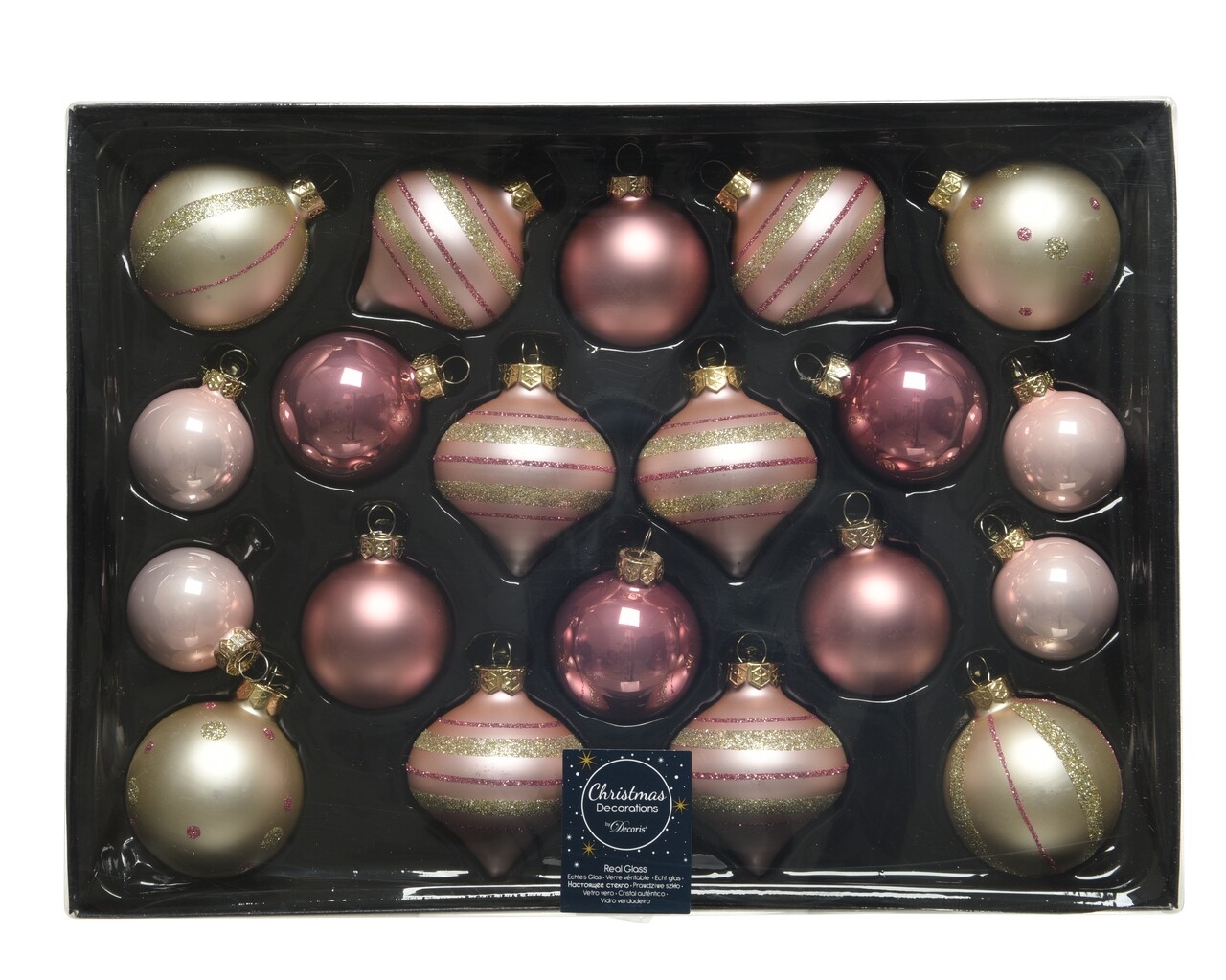 Doboz 20 vegyes gömbök Baubles mix, Decoris, üveg, rózsaszín / arany