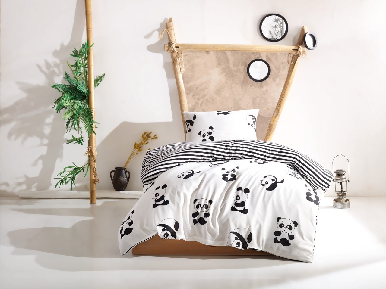 EnLora Home Egyszemélyes ágynemű, Panda Black White, 2 részes, polycotton, fehér / fekete