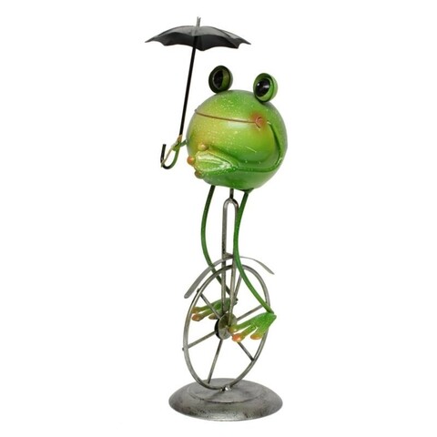 Frog on unicycle w umbrella Dekoráció, 12x11x36.5 cm, fém, színes