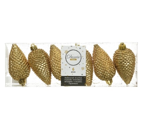 6 pinecone mustárgömb készlet, Decoris, műanyag, sárga