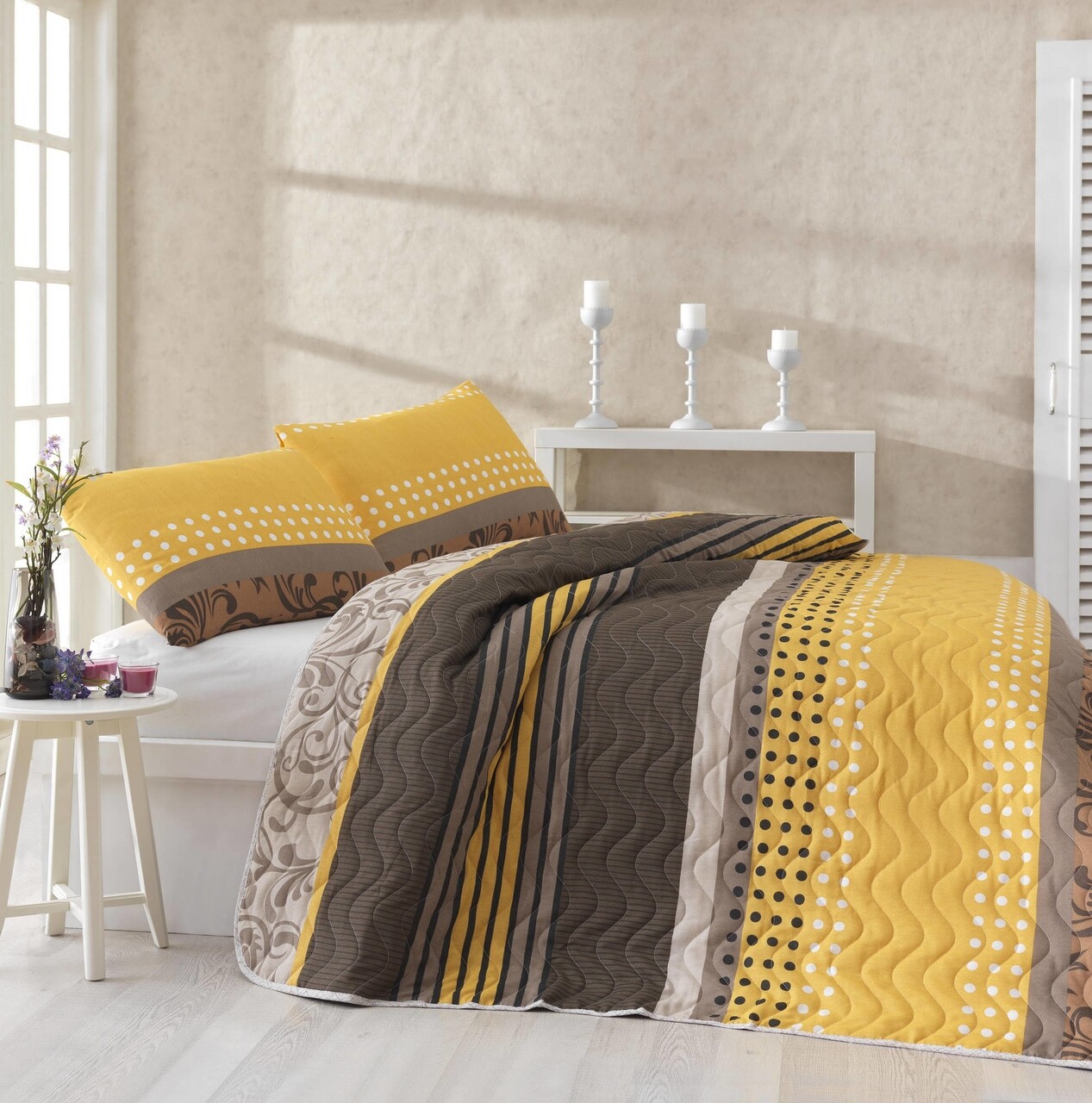 Eponj Home Kétszemélyes steppelt ágytakaró, Miranda Yellow, 3 darabos, 65% pamut, 35% poliészter, színes