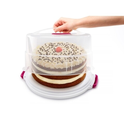 Hordozható Metaltex tortatartó, műanyag, 15 x 36 cm, fehér / rózsaszín