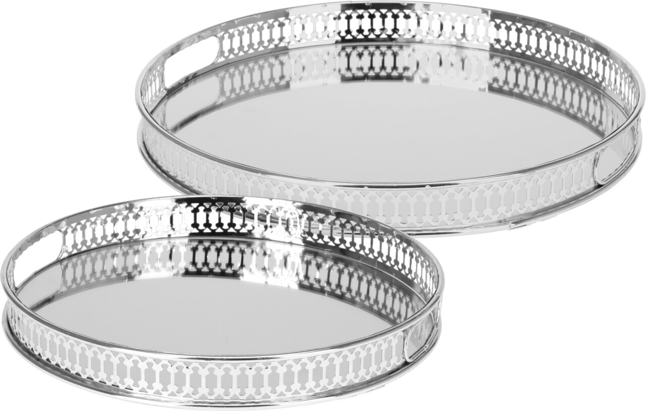 Mirror round 2 db Dísz tálca, vas, ezüstszín