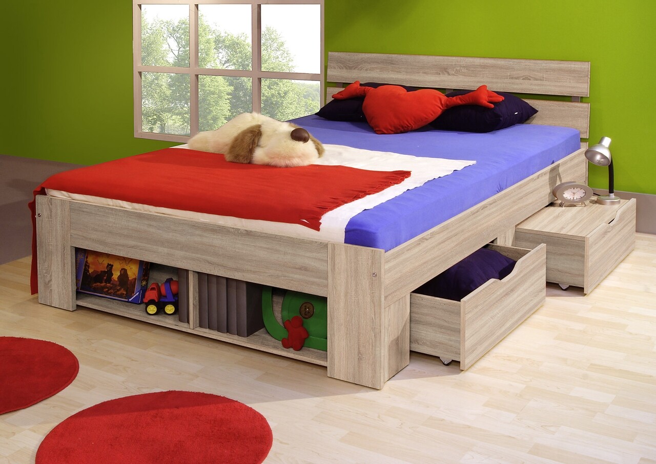 Pol power pinto sonoma ágy 2 fiókkal a kerekeken + 2 nyitott tárolóhely, 140 x 200 cm, forgácslap, bézs színű