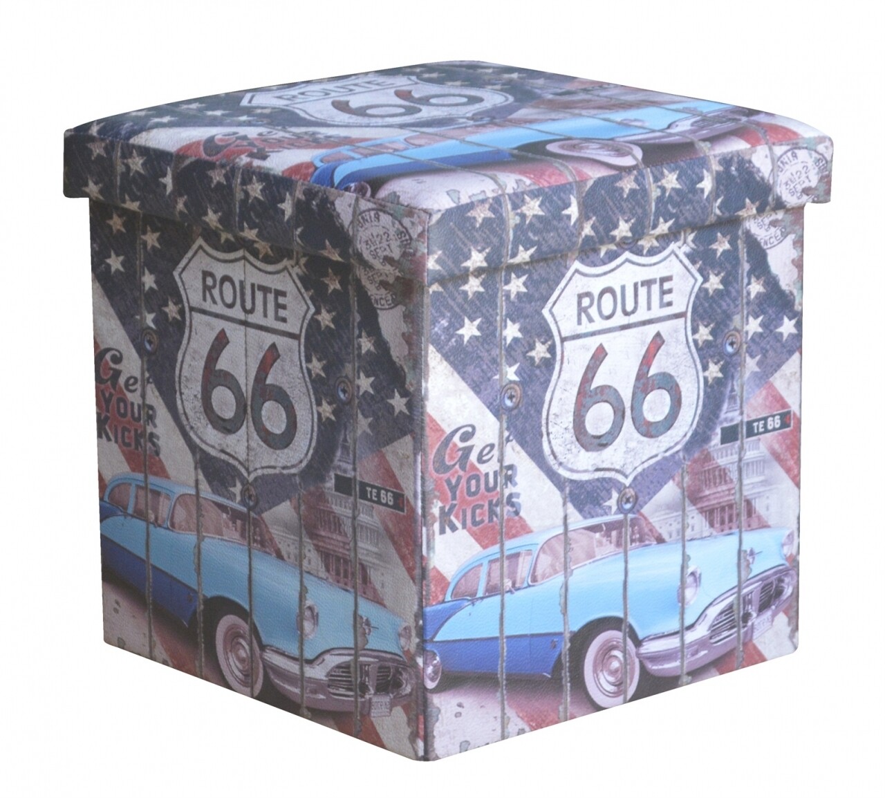 Összecsukható Zsámoly Tárolóhellyel Route 66, Heinner Home, 37,5 X 38 X 38 Cm, PVC, Többszínű