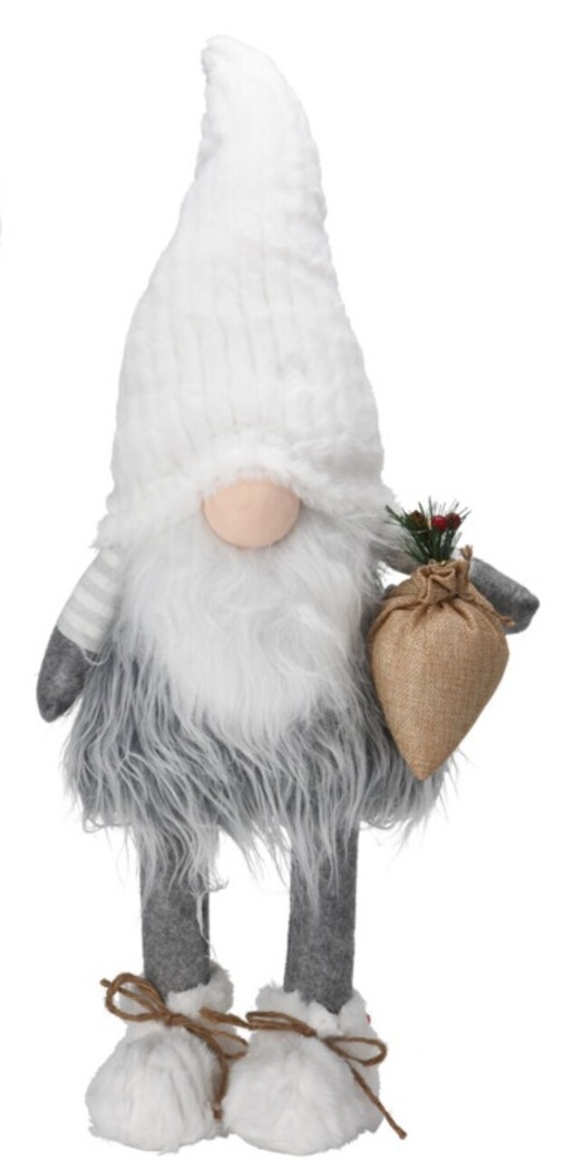 Boy Gnome w hat white Fénydekoráció, 26x26x65 cm, plüss, szürke/fehér