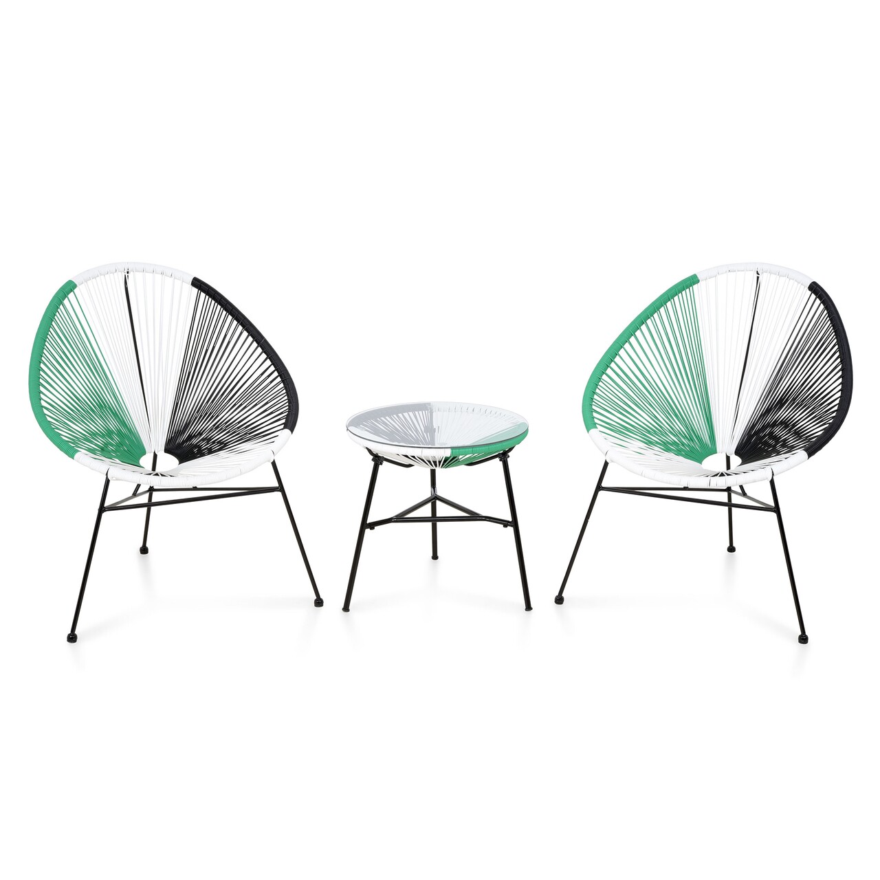 Corfu kerti terasz/bútor szett 2 fotel + asztalka, acél, zöld/fehér/fekete