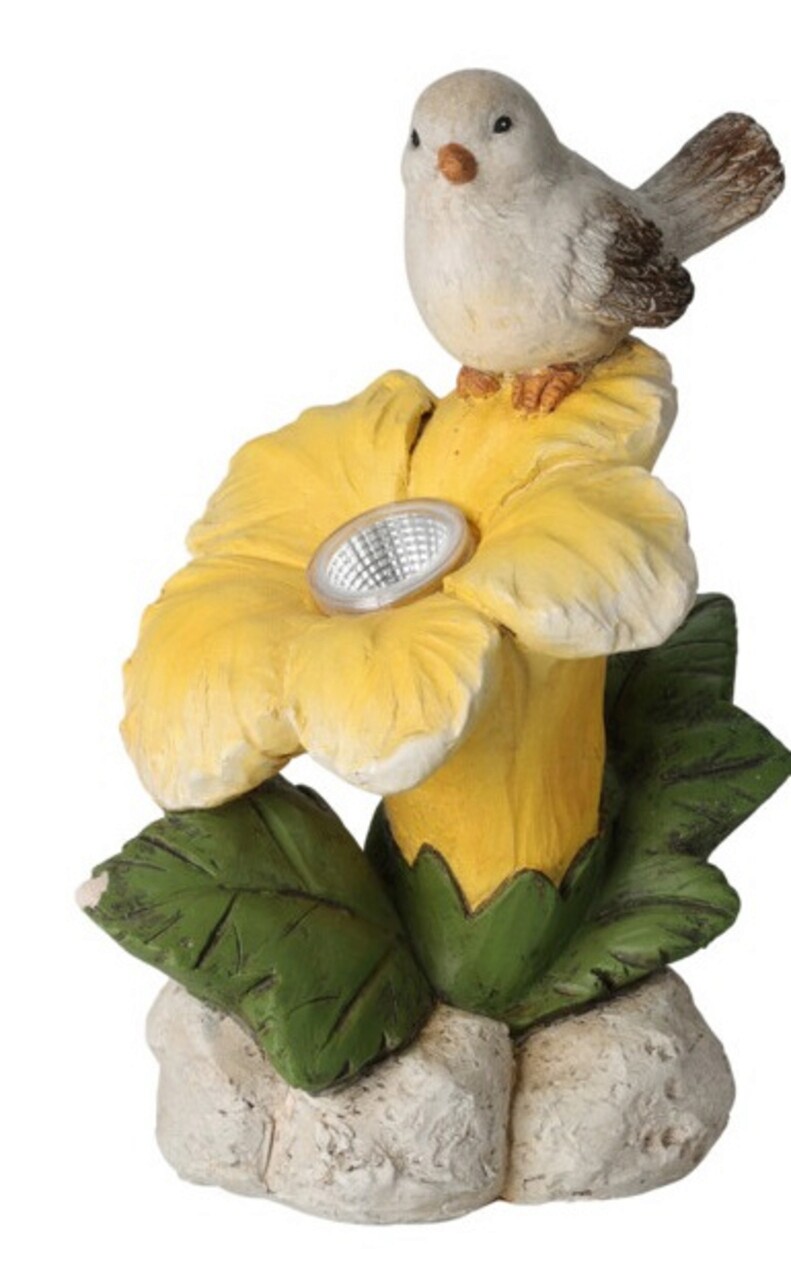 Excellent Houseware Bird on flower Kerti napelemes lámpa, 20x25x33.5 cm, magnézium oxid, sárga