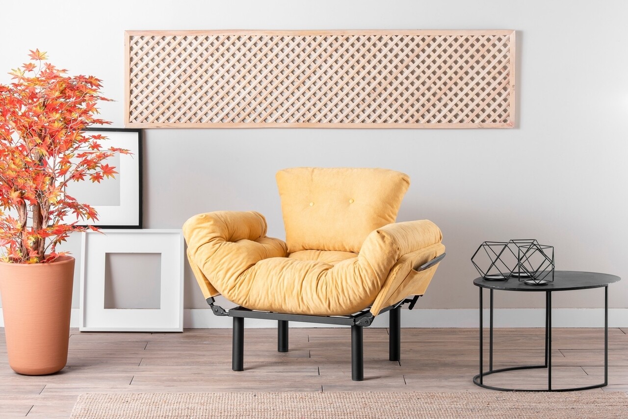 Nitta Single kihúzható fotel, Futon, 135x70 cm, fém, mustár